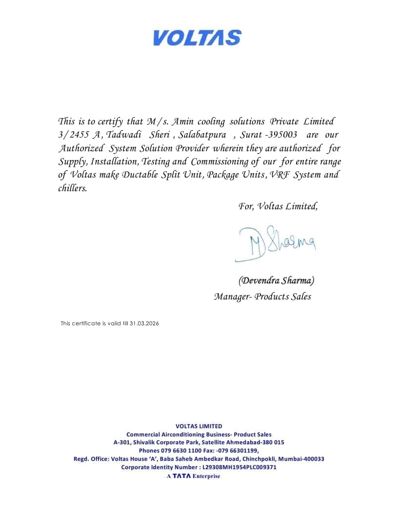 Voltas Authorised Dealer Certificate